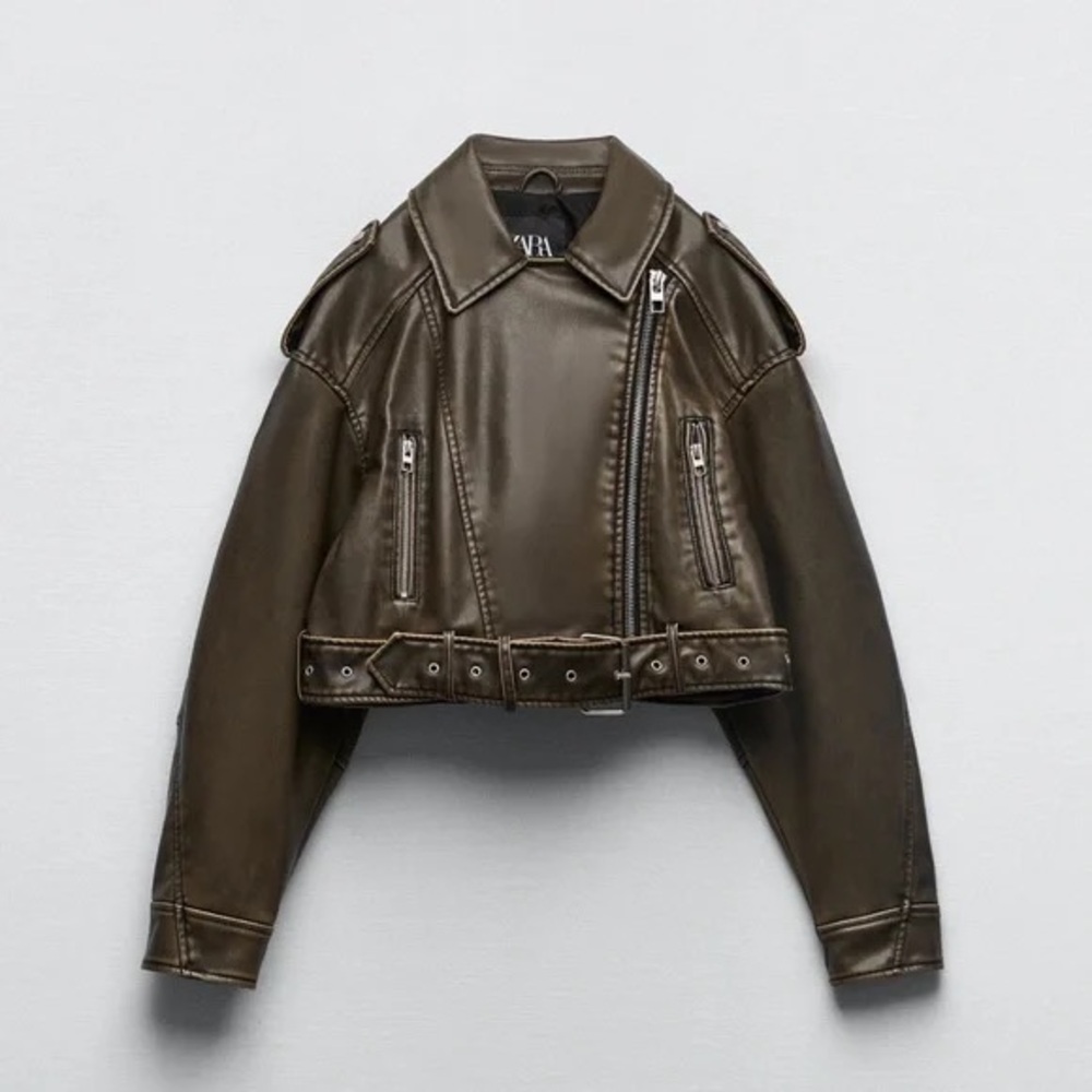 Zara Olive Green Cropped Leather Biker Jacket